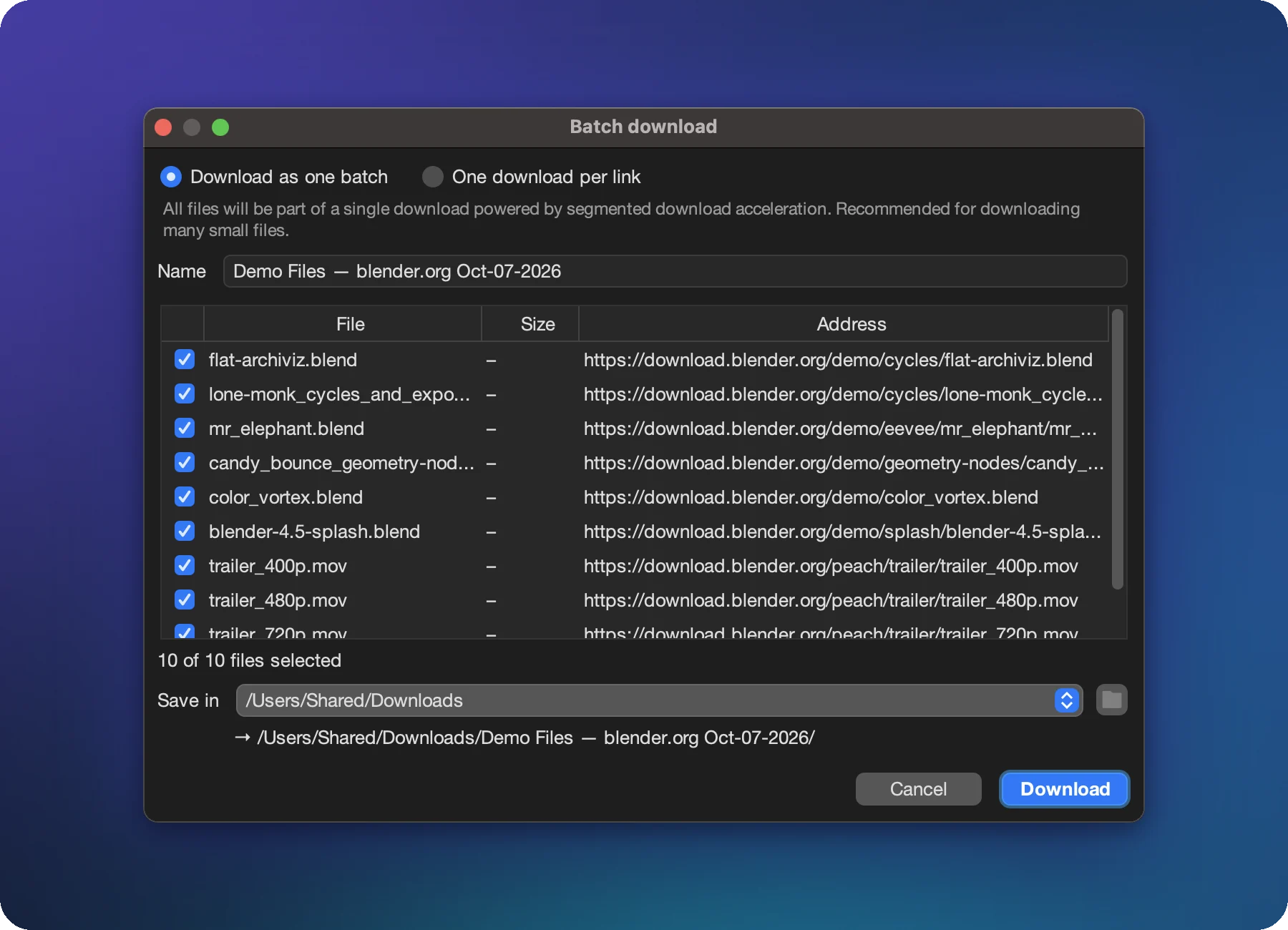 XDM batch download dialog with a list of links
