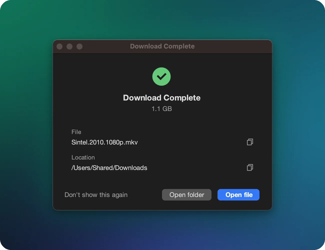 XDM Download Complete dialog