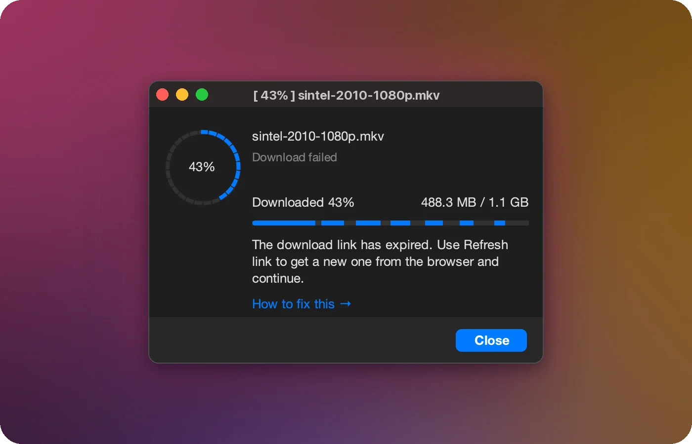 XDM progress window: The download link has expired, with a How to fix this link