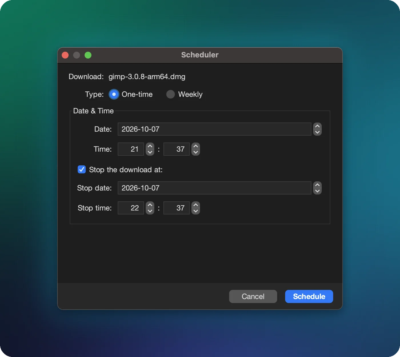 XDM schedule window with start and stop time