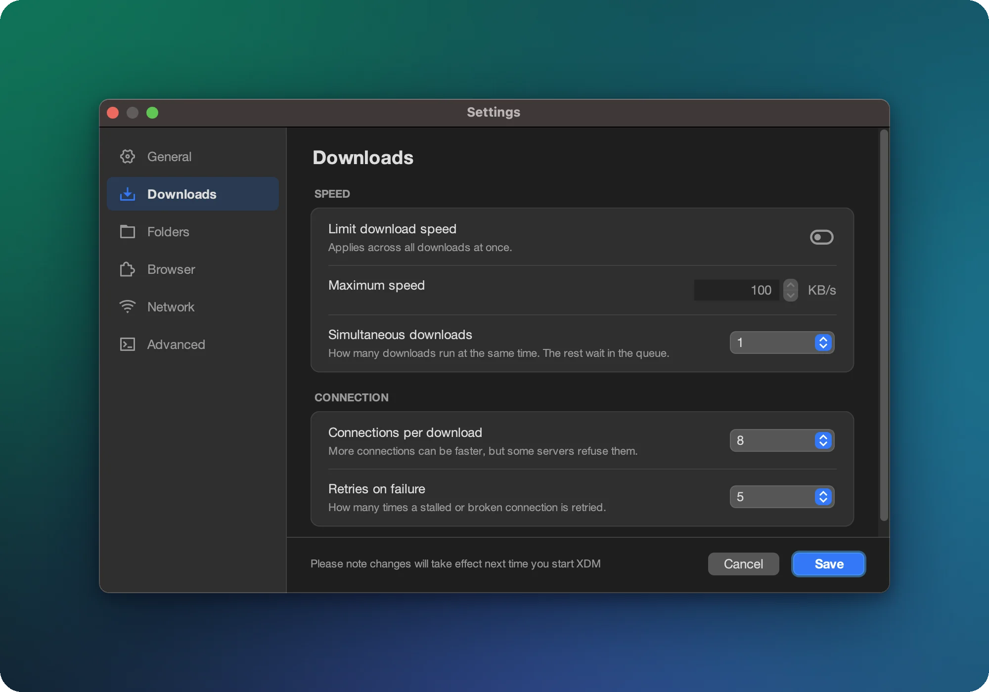 XDM Downloads settings: speed limit, simultaneous downloads, connections and retries