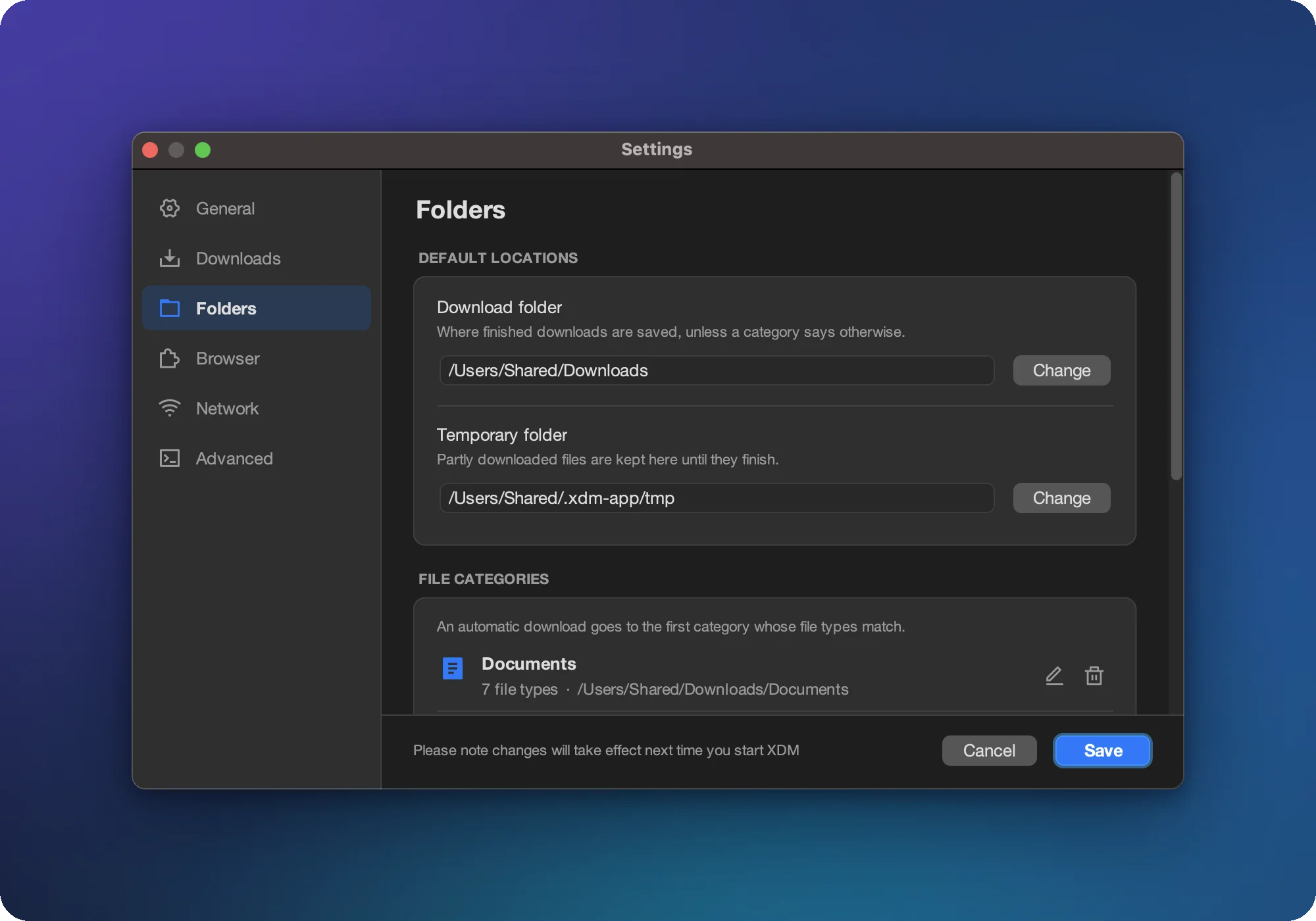 XDM Folders settings with download folder, temporary folder and file categories