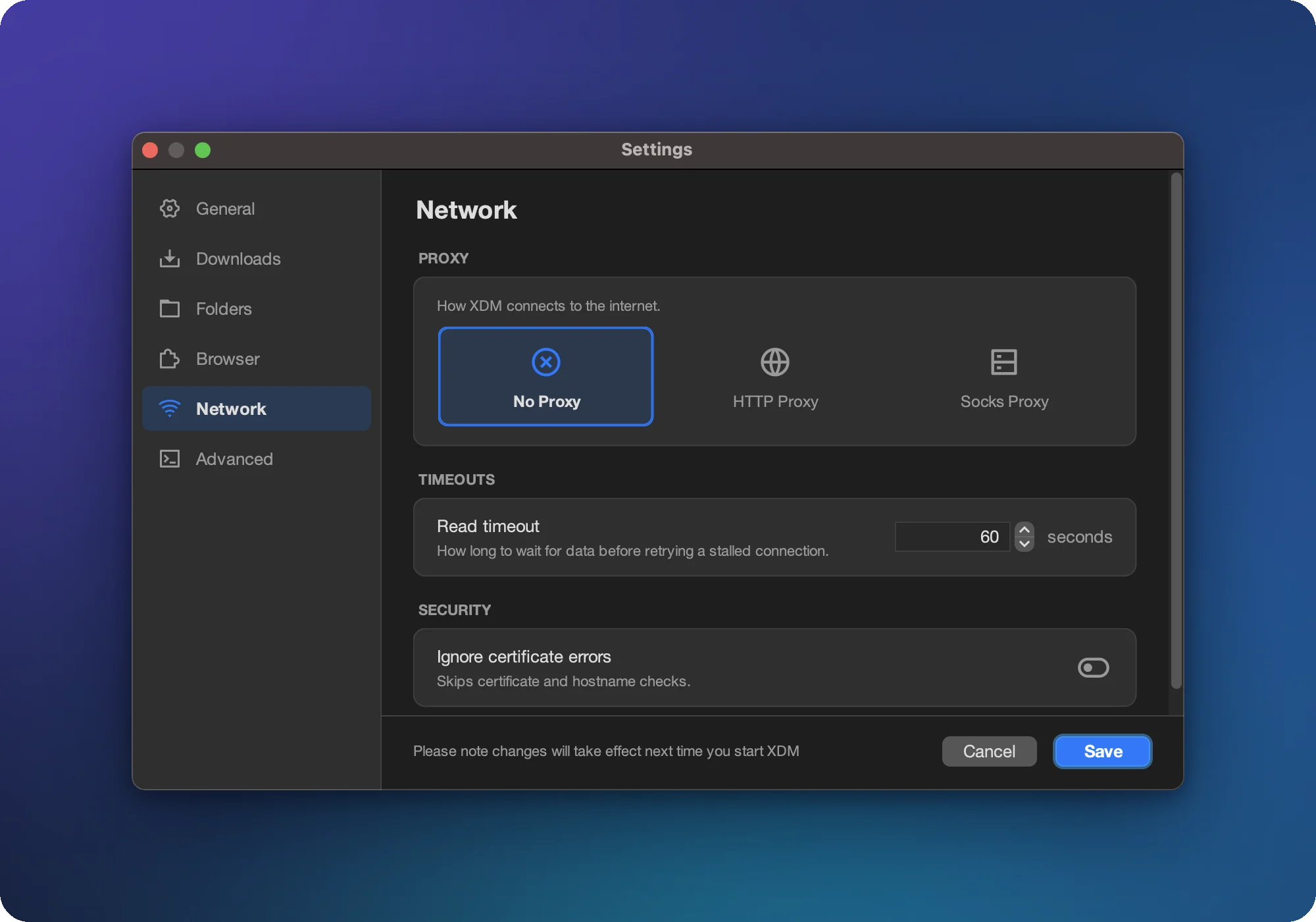XDM Network settings with proxy options, read timeout and certificate check