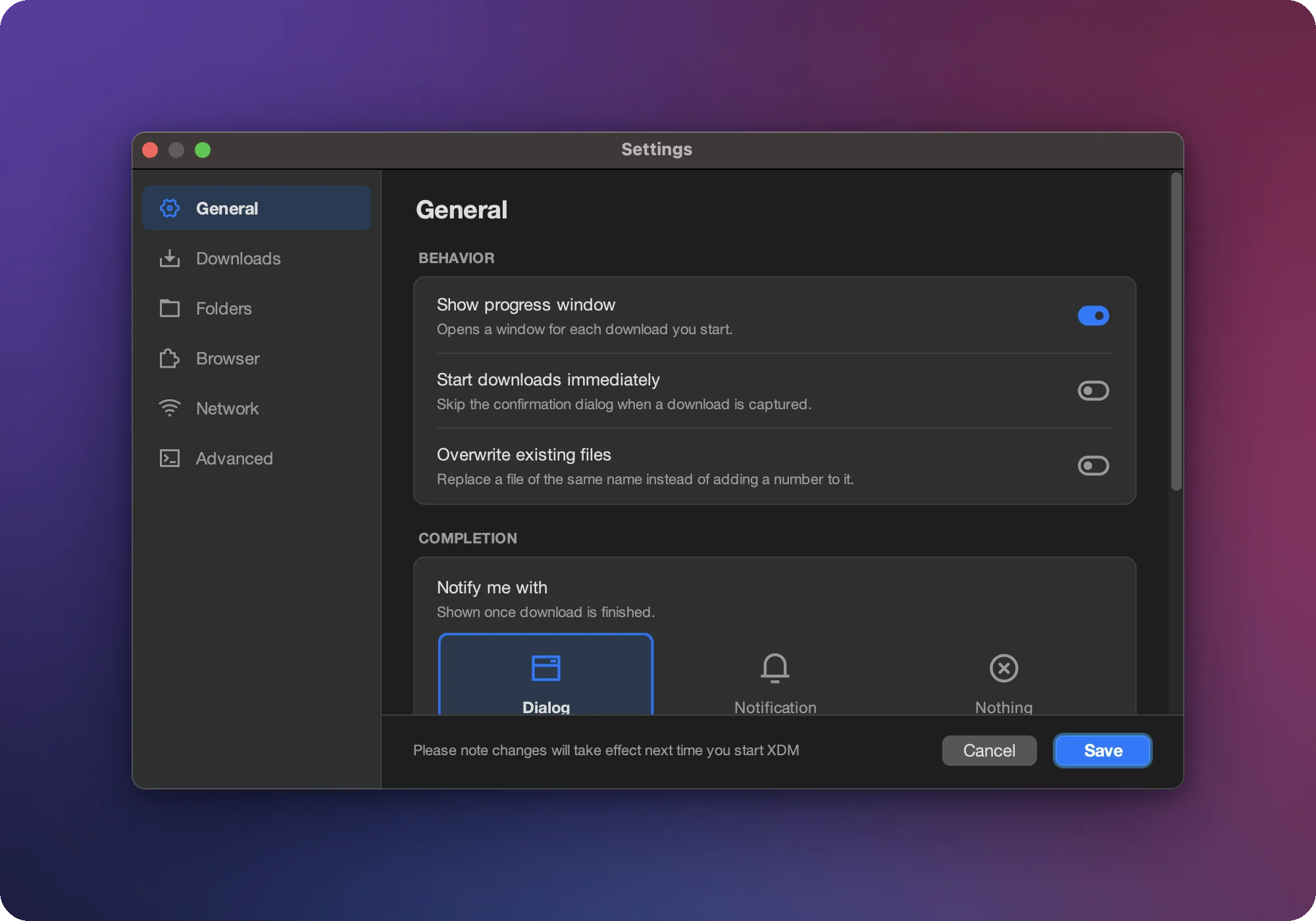 XDM settings window, General page