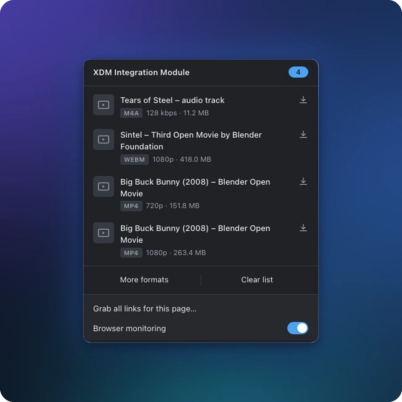 The XDM browser extension popup listing videos found on a page, with format, quality and size